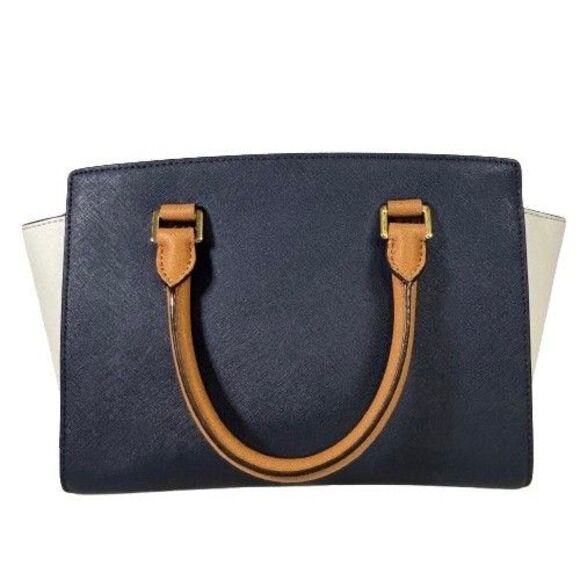 Michael Kors Selma Saffiano Leather Satchel Shoulder Bag Tricolor Navy White Tan - Picture 7 of 16